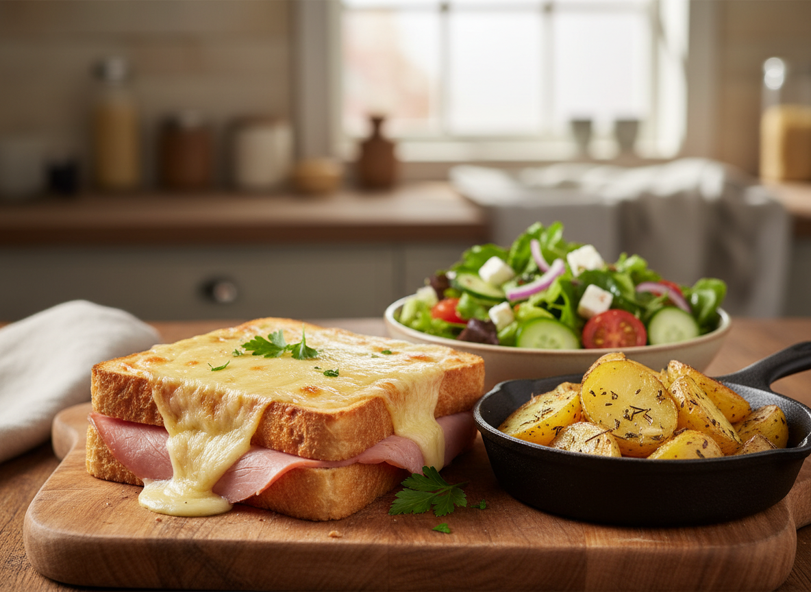 croque monsieur maison accompagné de pommes de terre au four et une salade composée