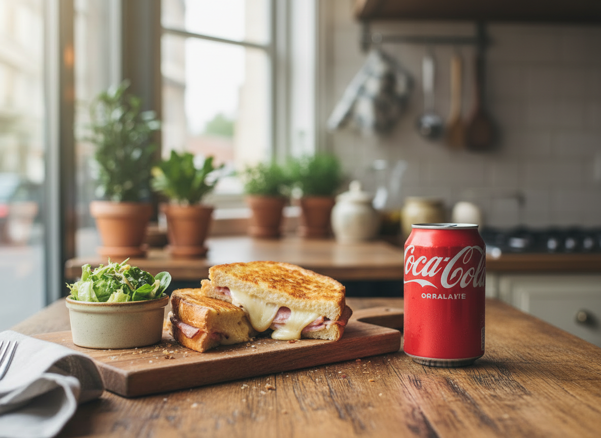 croque monsieur maison servi avec une canette de Coca-Cola et posé sur la table d'une cuisine familiale, ambiance chaleureuse, vue en lumière naturelle