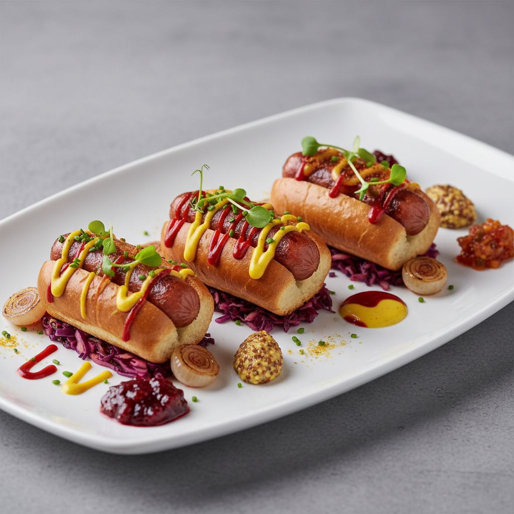plateau mini hot dog, présentation gastronomique sur assiette, style élégant, fond neutre