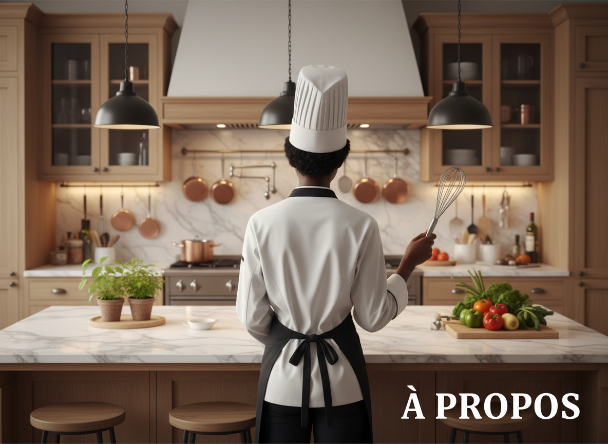 Jeune femme noire de dos, en tenue de cuisine professionnelle, tenant un fouet à la main, dans une cuisine moderne et chaleureuse, pour servir d’image de mise en avant de la page A propos